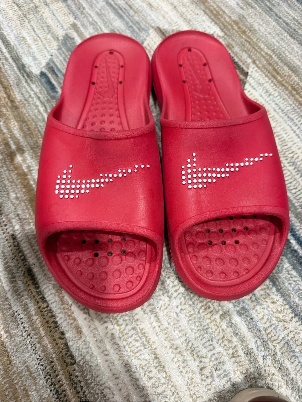 Nike Red Slide Sandals with White Studded Swoosh